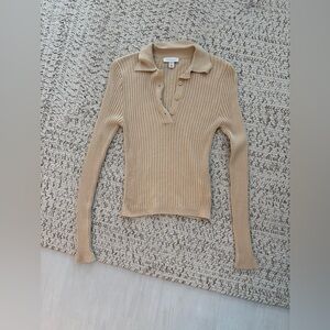 NEVER WORN. Tan Ribbed Long Sleeve Polo Top